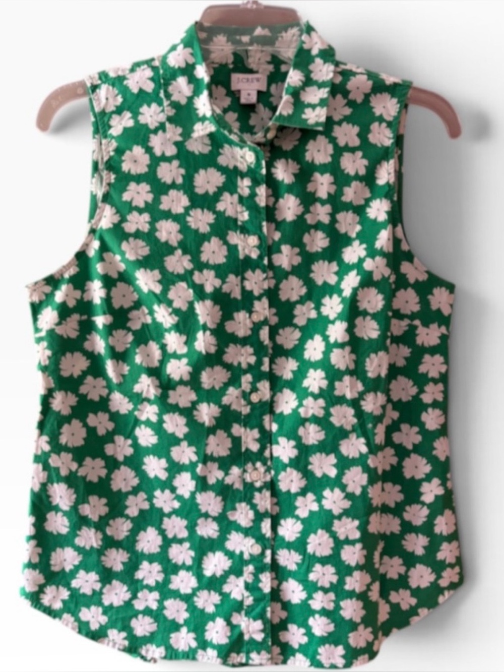 NWOT Sleeveless Cotton Poplin Button-Down Shirt Size S Green with white flower